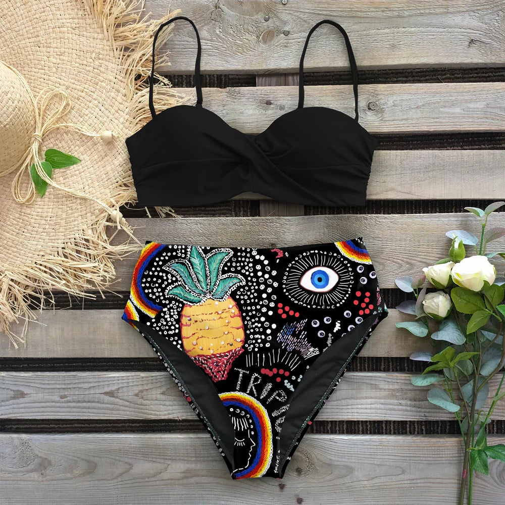 Bikini Estampado con Cintura Alta y Top Retorcido Ref: 0506