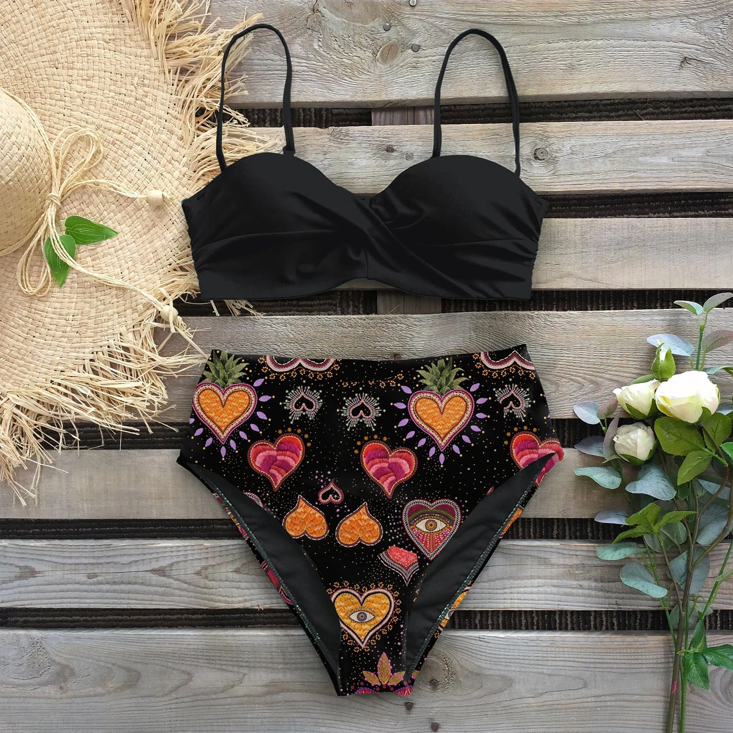 Bikini Estampado con Cintura Alta y Top Retorcido Ref: 0506