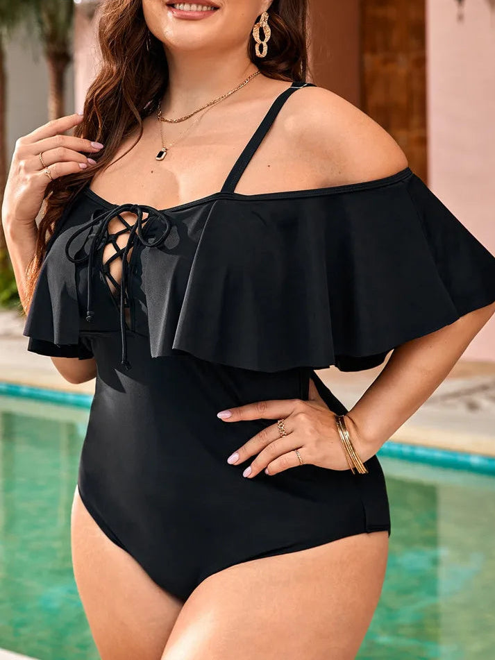 Enteriza Plus Size con Hombro Calado y Volado Amplio Ref: 0610