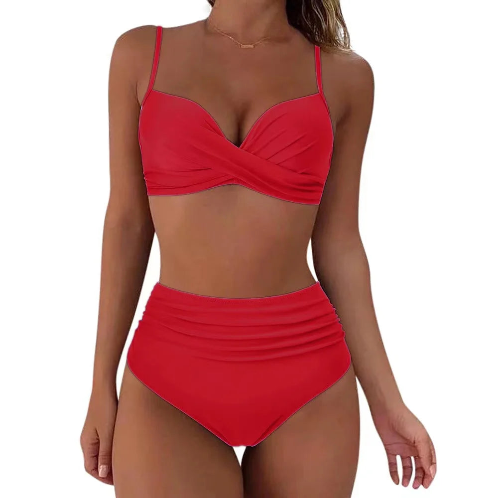 Bikini con Top Cruzado Cintura Alta, y Estampa Tropical Ref: 0111