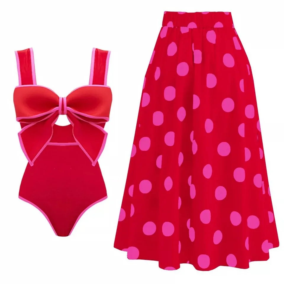 Conjunto de Enteriza con Lazo Frontal y Falda Midi de Lunares Ref: 0565