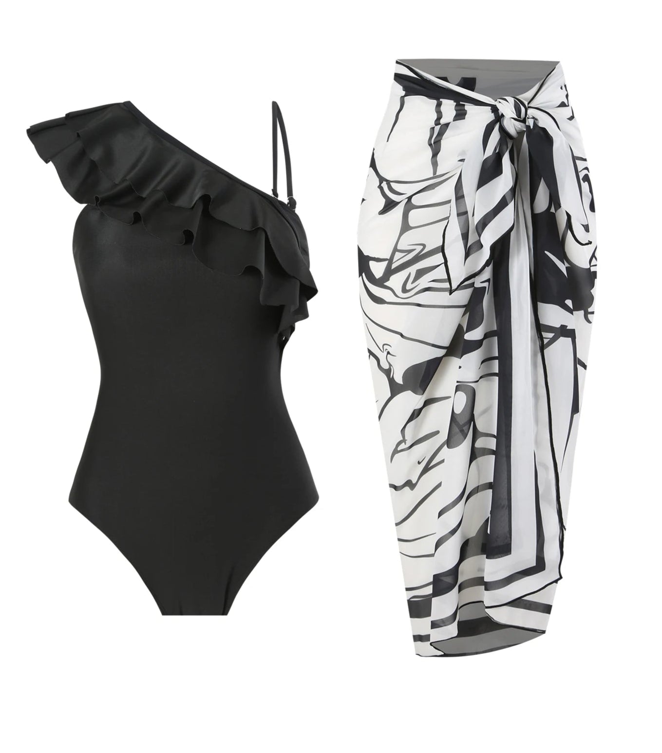 Conjunto de Enteriza Negra con Volados y Falda Pareo Estampada Ref: 0556