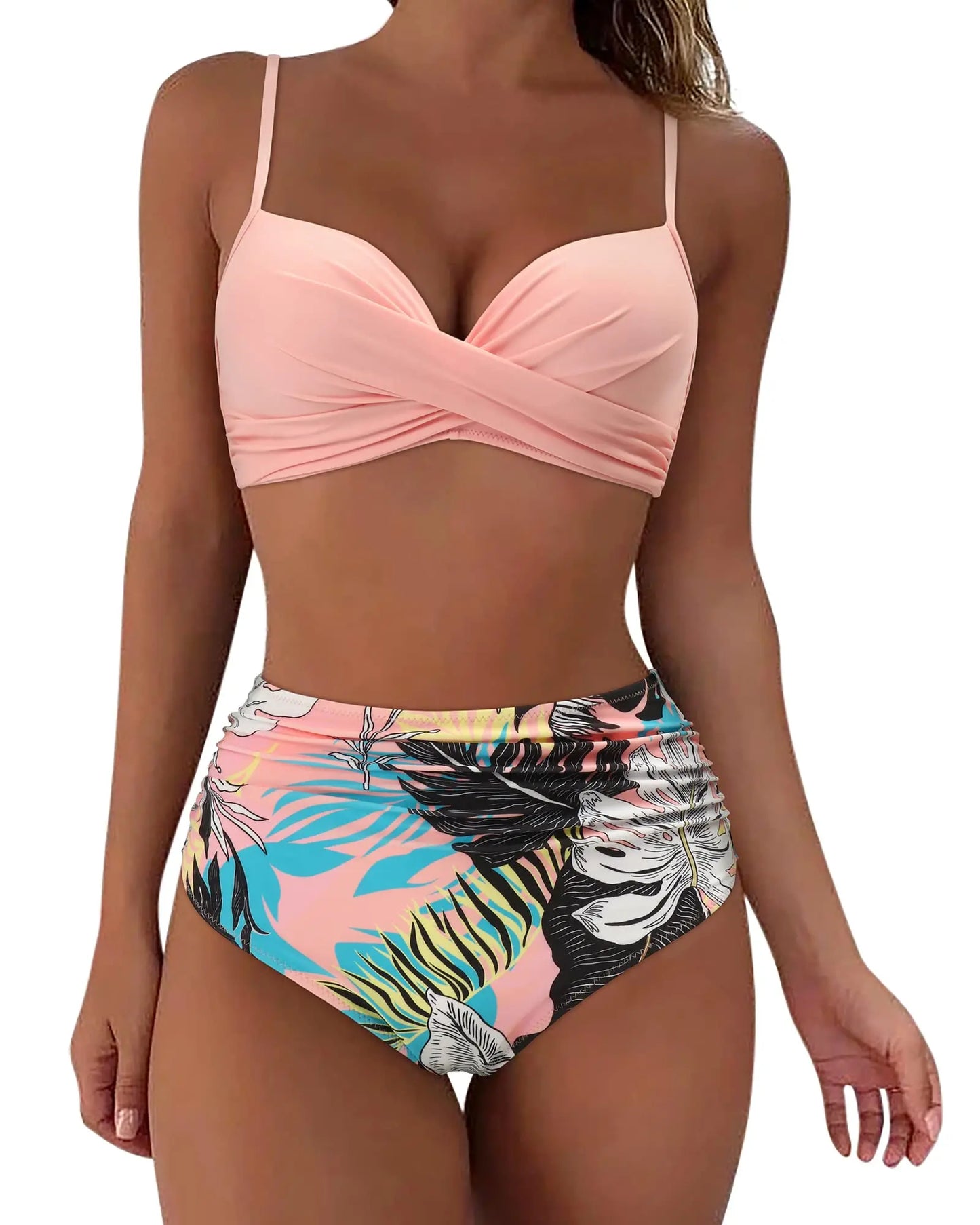 Bikini con Top Cruzado Cintura Alta, y Estampa Tropical Ref: 0111