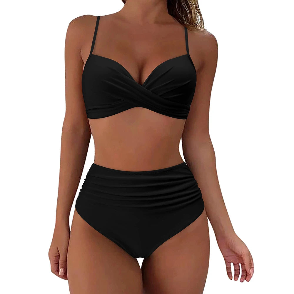 Bikini con Top Cruzado Cintura Alta, y Estampa Tropical Ref: 0111