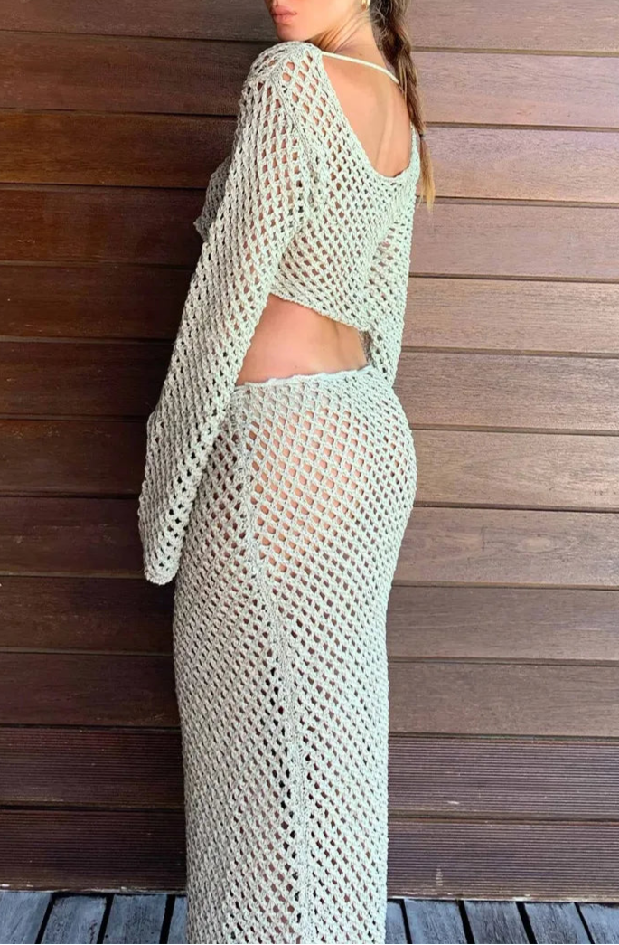 Conjunto en Crochet Calado con Manga Larga y Falda Larga Ref: 0348