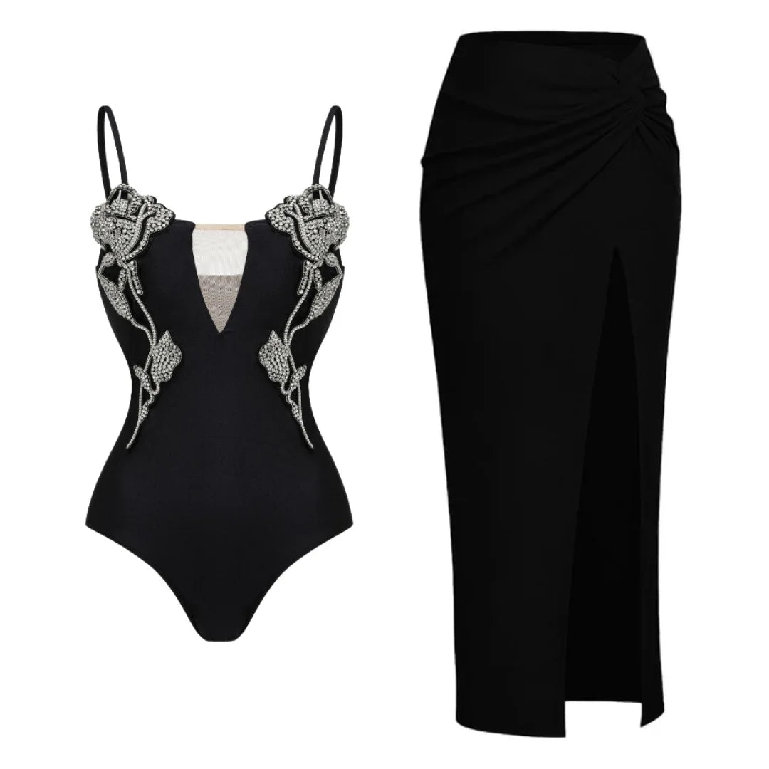 Conjunto de Enteriza con Bordados y Falda Larga con Abertura Ref: 0566