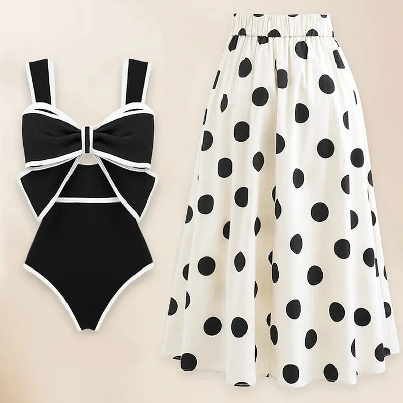 Conjunto de Enteriza con Lazo Frontal y Falda Midi de Lunares Ref: 0565