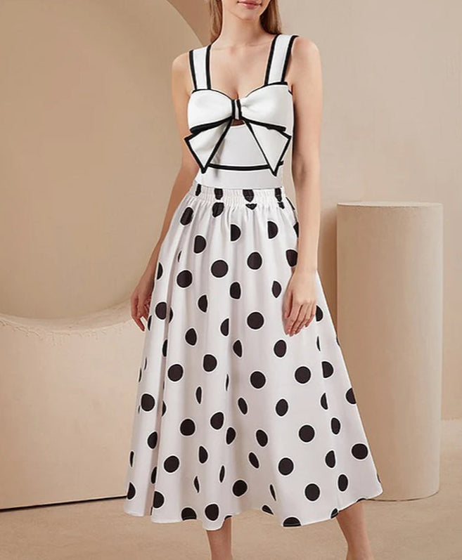 Conjunto de Enteriza con Lazo Frontal y Falda Midi de Lunares Ref: 0565