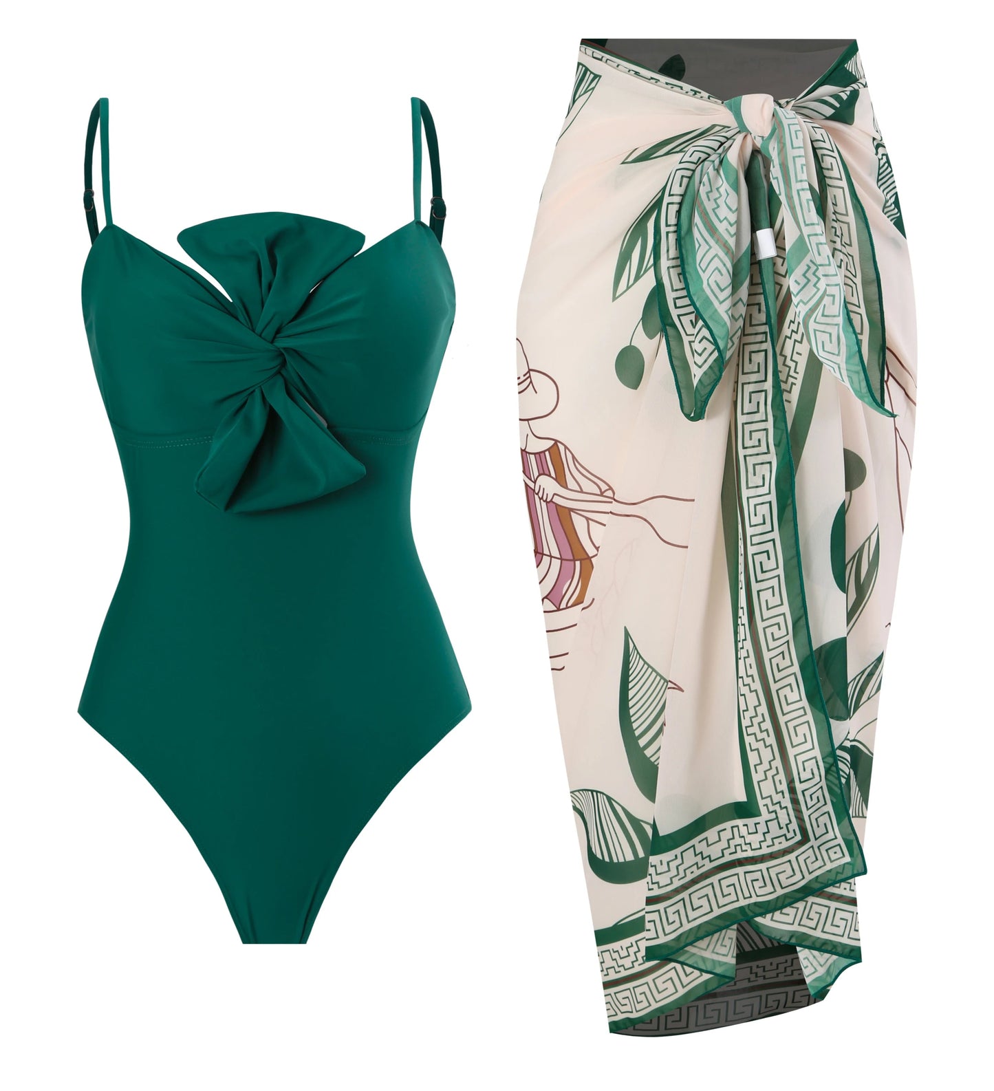 Conjunto de Enteriza Verde Torzada y Falda Pareo Estampada Ref: 0555