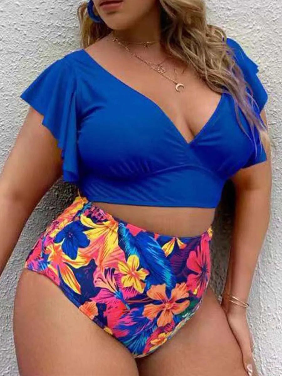 Bikini Plus Size de Manga con Volado y Cintura Alta Ref: 0657