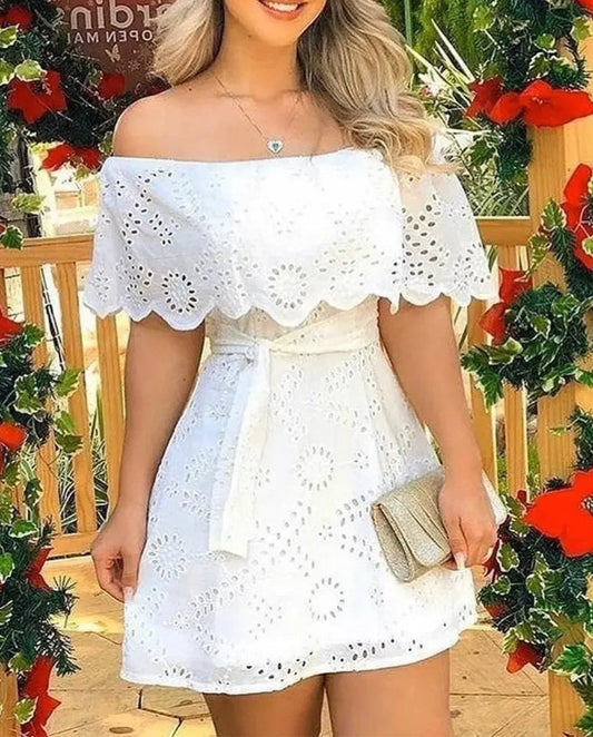 Vestido Off Shoulder en Broderie con Cintura Ajustable Ref: 0268