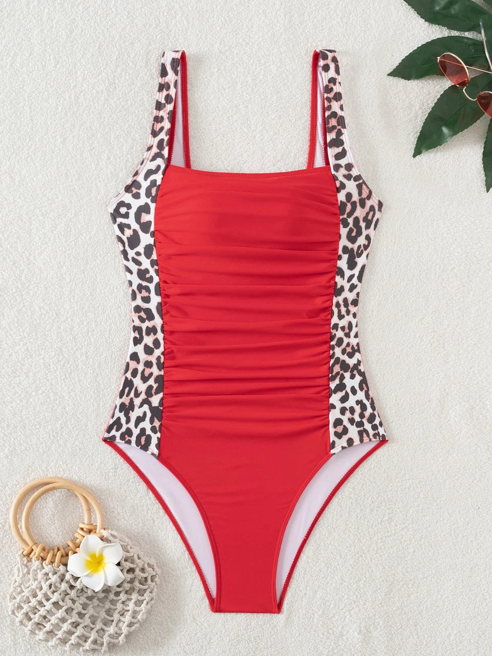 Enteriza con Laterales Animal Print y Frunces Frontales Ref: 0473