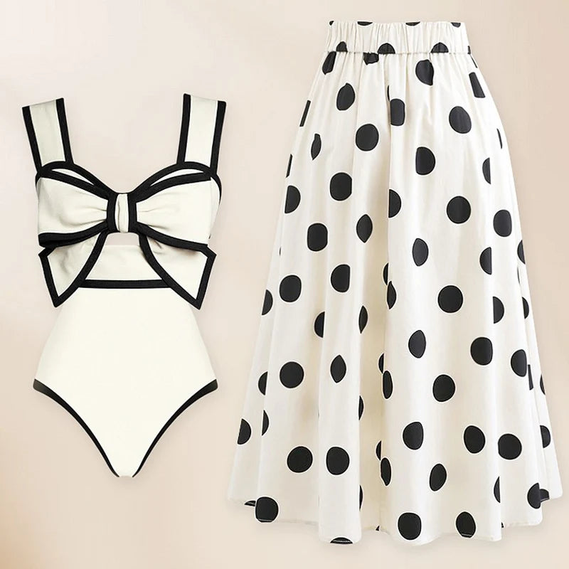 Conjunto de Enteriza con Lazo Frontal y Falda Midi de Lunares Ref: 0565