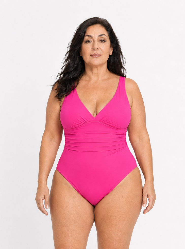 Enteriza Ref. 0183 color rose red con modelo Maria, vista frontal