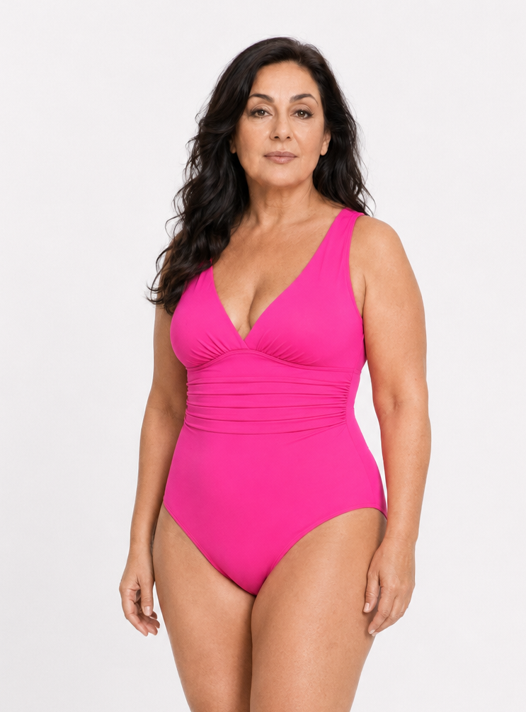 Enteriza Ref. 0183 color rose red con modelo Maria, vista tres cuartos