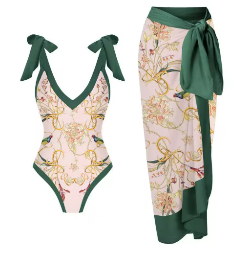 Conjunto De Enteriza Con Estampa Ornamental Y Pareo Ref: 0582