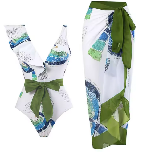 Conjunto De Enteriza Con Lazo Frontal Y Pareo Estampado Ref: 0579