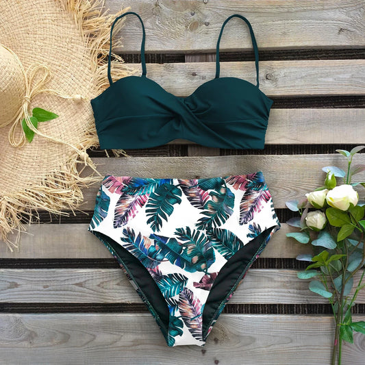 Bikini Estampado con Cintura Alta y Top Retorcido Ref: 0506