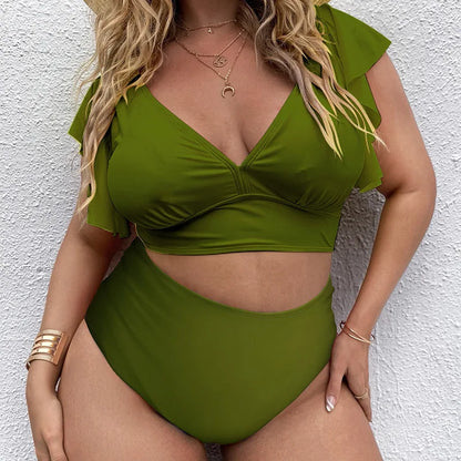Bikini Plus Size de Manga con Volado y Cintura Alta Ref: 0657