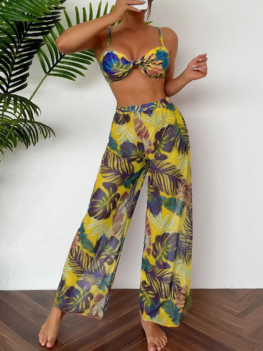 Conjunto de Bikini con Tirantes Finos y Pantalón Estampado Ref: 0553