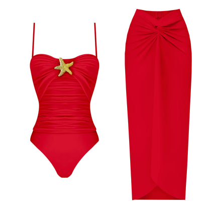 Conjunto de Enteriza con Falda Pareo y Aplique Dorado Central Ref: 0564