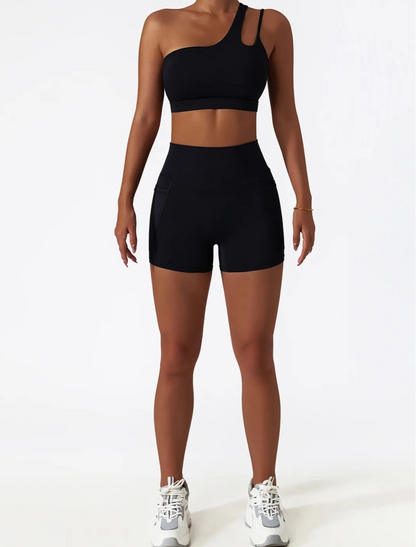 Conjunto Deportivo Con Top Un Solo Hombro de Tirantes Dobles Y Short Ref: 1064