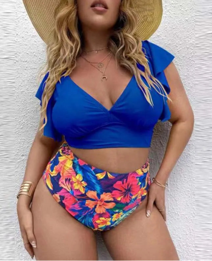 Bikini Plus Size de Manga con Volado y Cintura Alta Ref: 0657