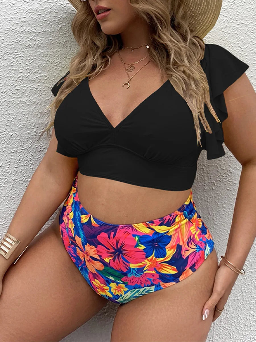Bikini Plus Size de Manga con Volado y Cintura Alta Ref: 0657