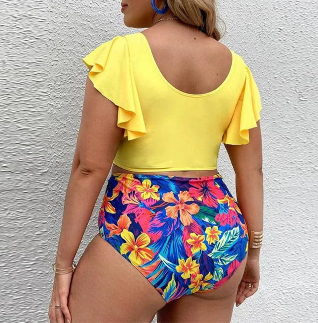 Bikini Plus Size de Manga con Volado y Cintura Alta Ref: 0657