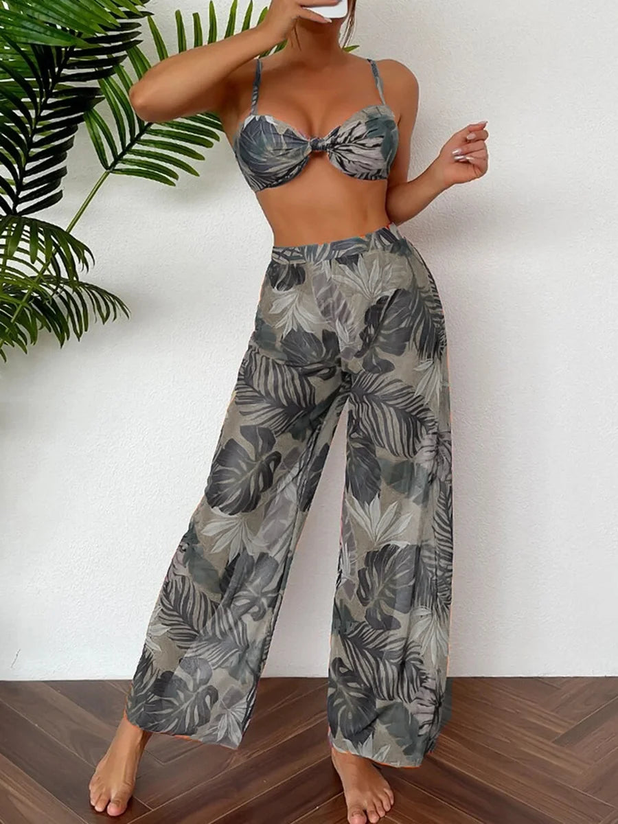 Conjunto de Bikini con Tirantes Finos y Pantalón Estampado Ref: 0553