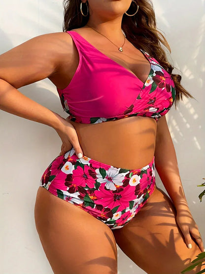 Bikini Plus Size de Cintura Alta con Tirantes Dobles y Estampa Floral Ref: 0652