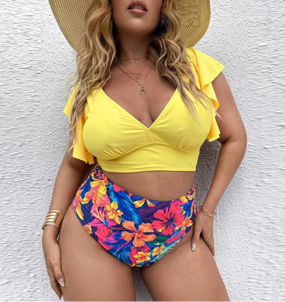 Bikini Plus Size de Manga con Volado y Cintura Alta Ref: 0657