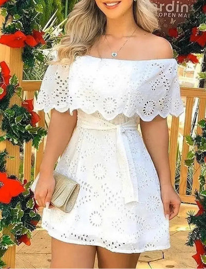 Vestido Off Shoulder en Broderie con Cintura Ajustable Ref: 0268
