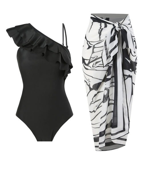 Conjunto de Enteriza Negra con Volados y Falda Pareo Estampada Ref: 0556