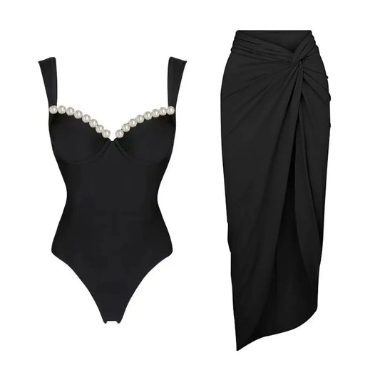 Conjunto De Enteriza Con Perlas Y Pareo Drapeado Ref: 0581