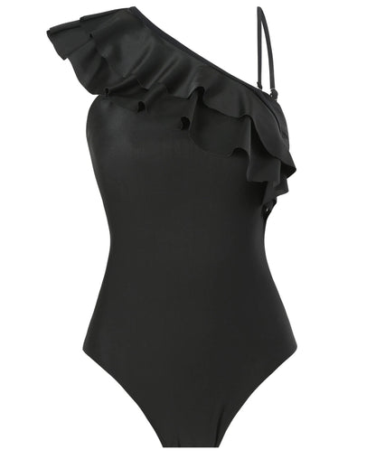 Conjunto de Enteriza Negra con Volados y Falda Pareo Estampada Ref: 0556