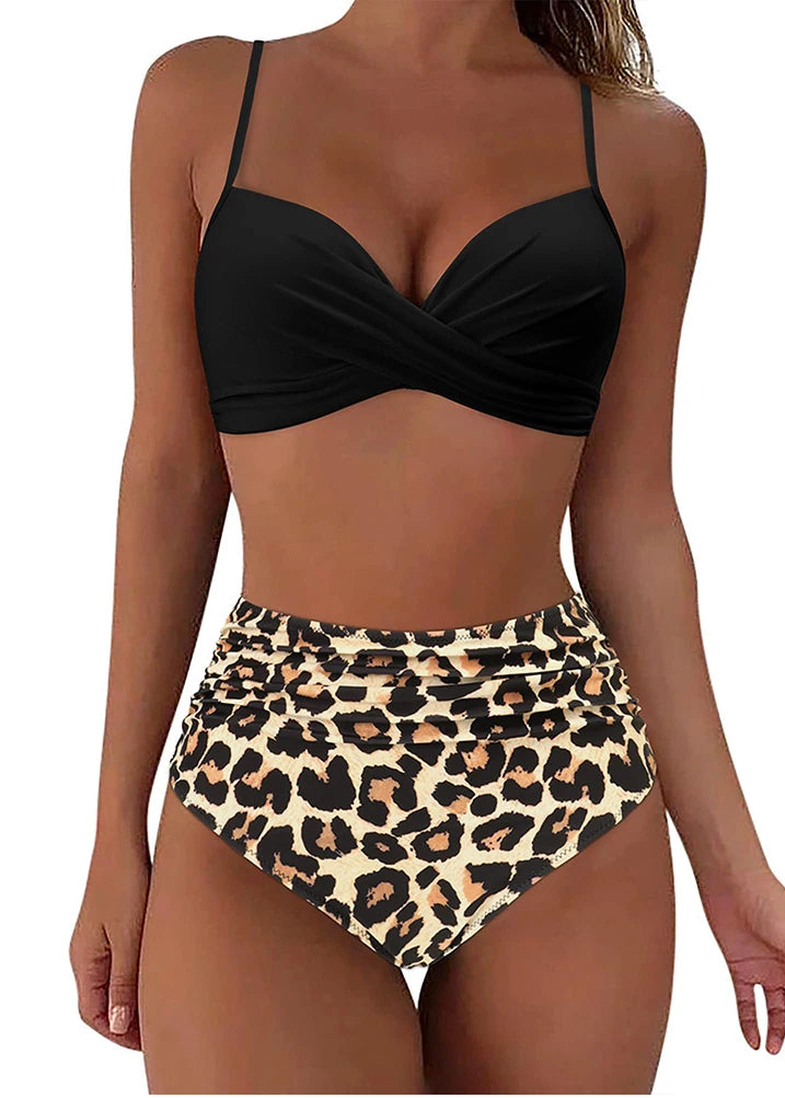 Bikini con Top Cruzado Cintura Alta y Estampa Tropical Ref. 0111