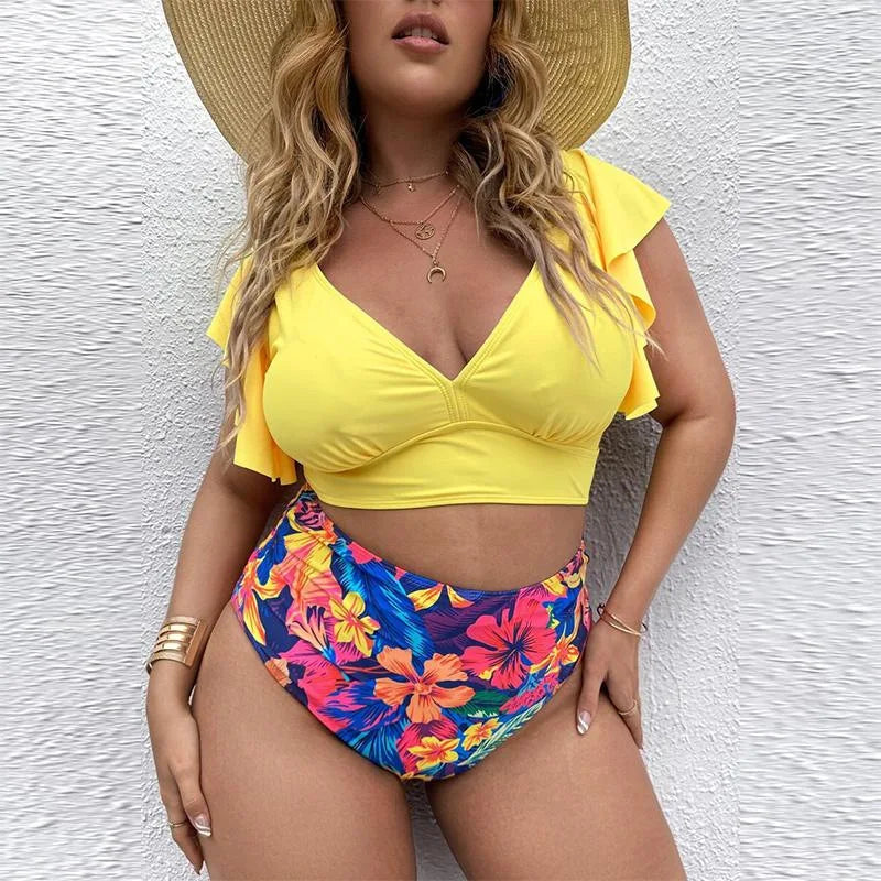 Bikini Plus Size de Manga con Volado y Cintura Alta Ref: 0657