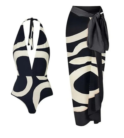 Conjunto Estampado con Enteriza de Escote Profundo y Falda Pareo Ref: 0558