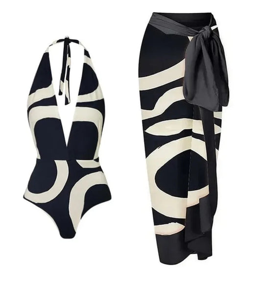 Conjunto Estampado con Enteriza de Escote Profundo y Falda Pareo Ref: 0558