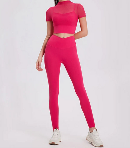 Conjunto Deportivo con Top de Manga Corta en Tul y Calza Ref: 1041