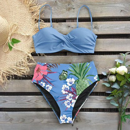 Bikini Estampado con Cintura Alta y Top Retorcido Ref: 0506