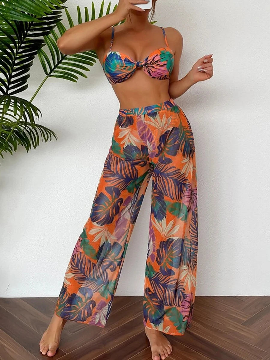 Conjunto de Bikini con Tirantes Finos y Pantalón Estampado Ref: 0553