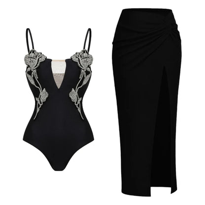 Conjunto de Enteriza con Bordados y Falda Larga con Abertura Ref: 0566