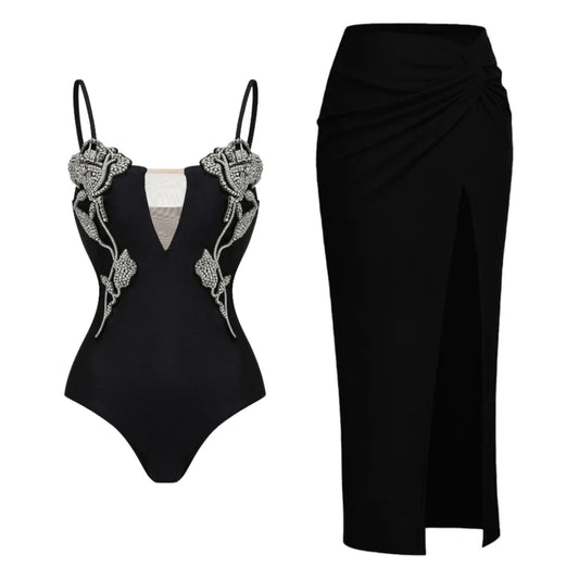 Conjunto de Enteriza con Bordados y Falda Larga con Abertura Ref: 0566