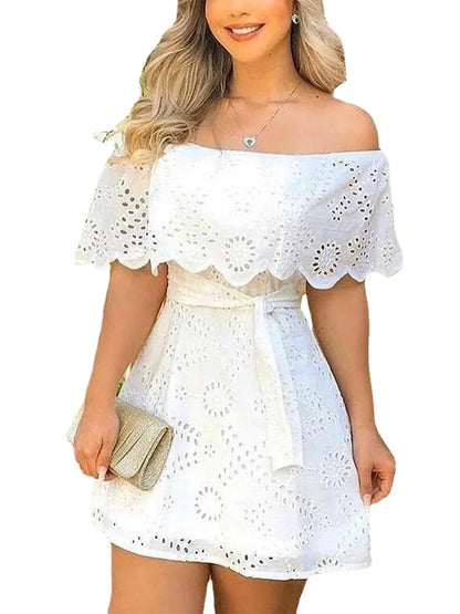 Vestido Off Shoulder en Broderie con Cintura Ajustable Ref: 0268