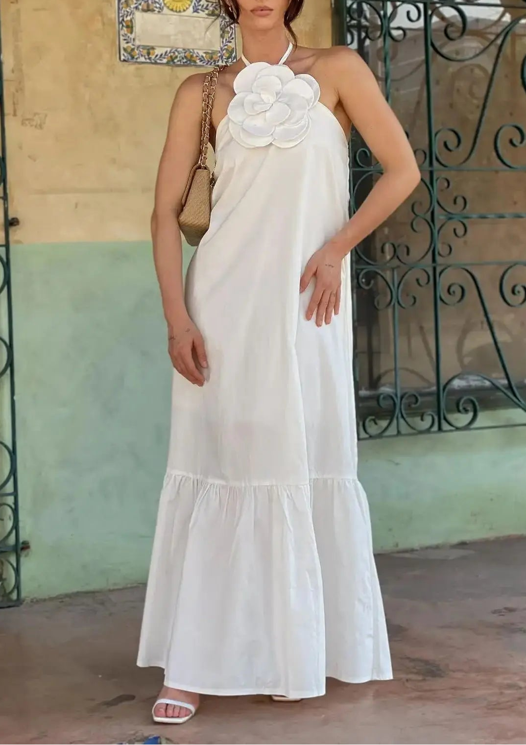 Vestido Largo con Detalle en Flor de Crochet Ref: 0353