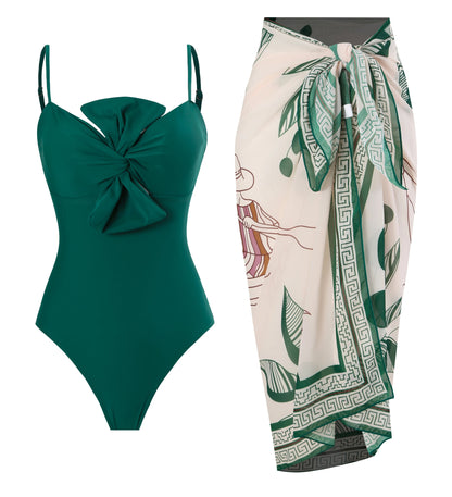 Conjunto de Enteriza Verde Torzada y Falda Pareo Estampada Ref: 0555