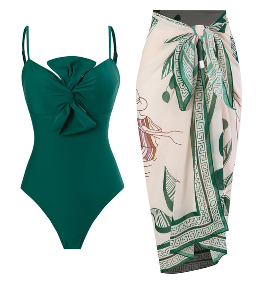 Conjunto de Enteriza Verde Torzada y Falda Pareo Estampada Ref: 0555