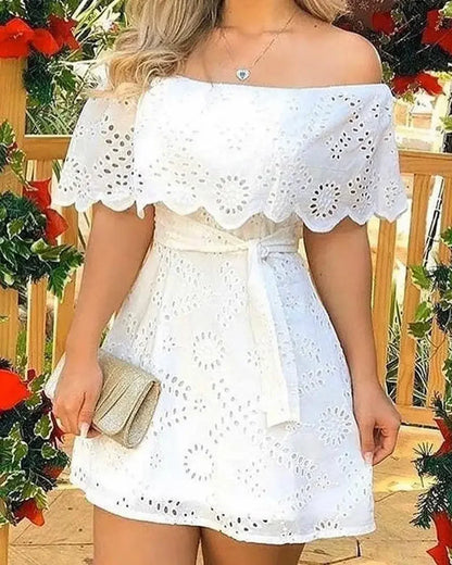 Vestido Off Shoulder en Broderie con Cintura Ajustable Ref: 0268